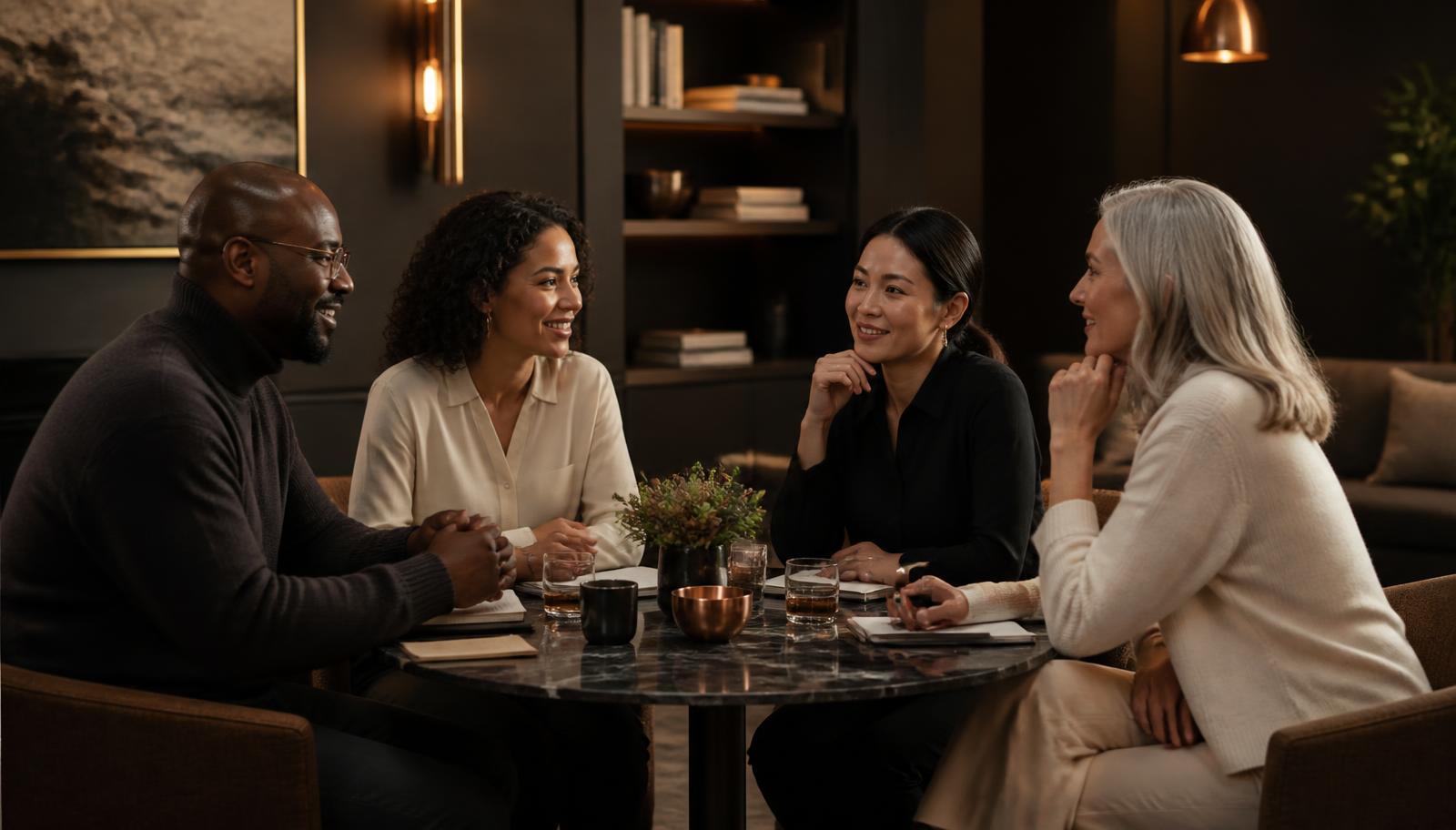 A small group of professionals in conversation around a table
