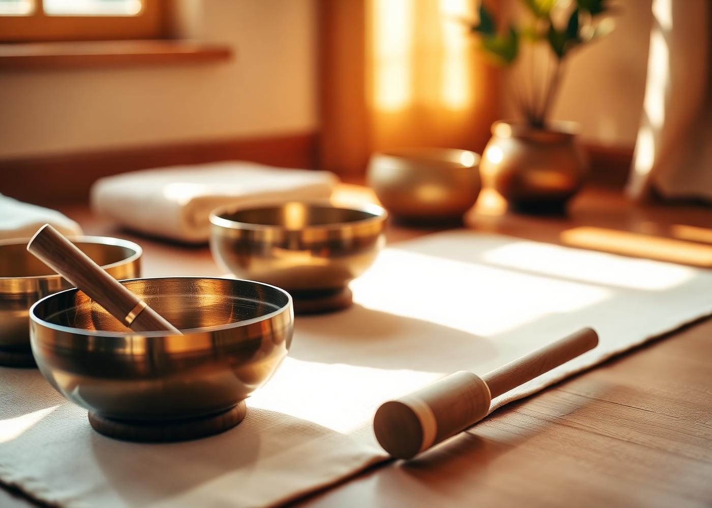 Singing bowls arranged on a mat for a sound bath session