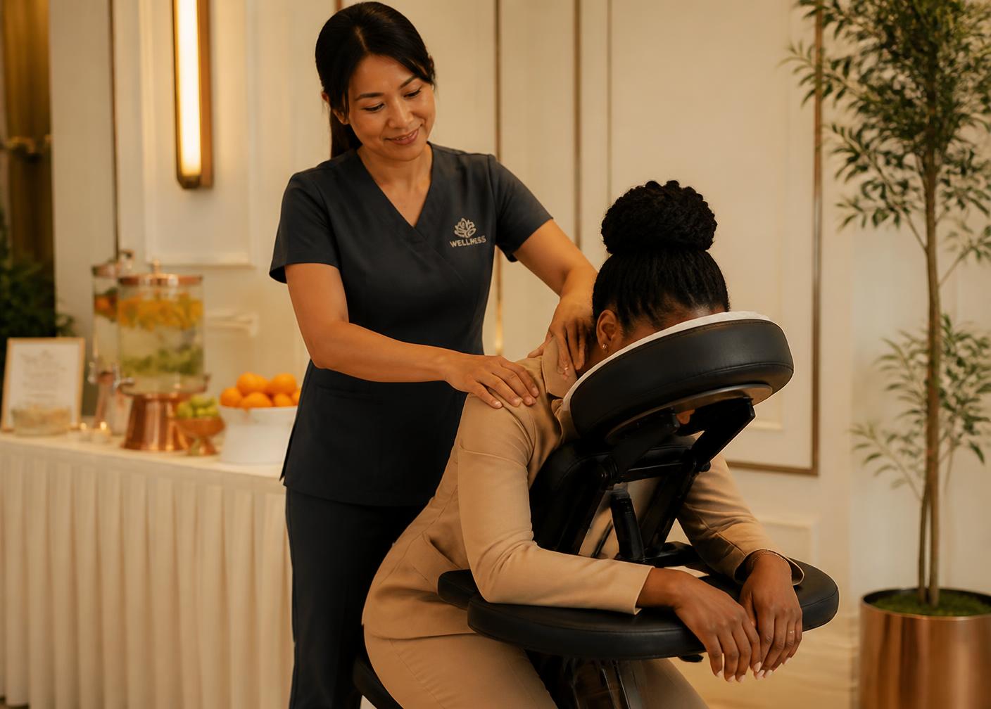 A chair massage wellness station beside a refreshment table