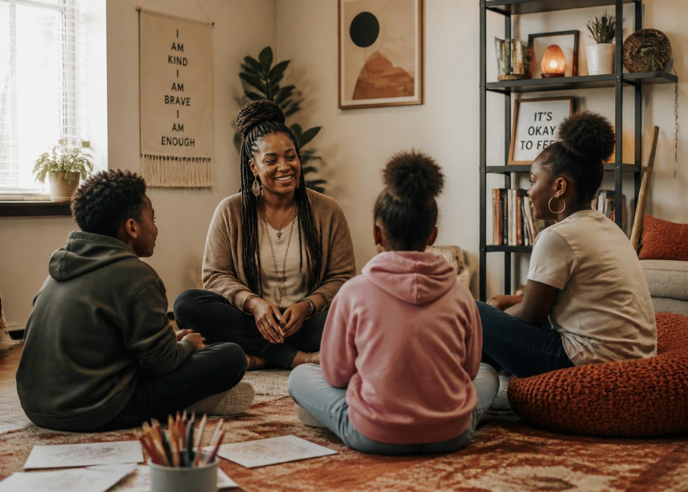 Children sitting with a counselor in a warm, welcoming group session