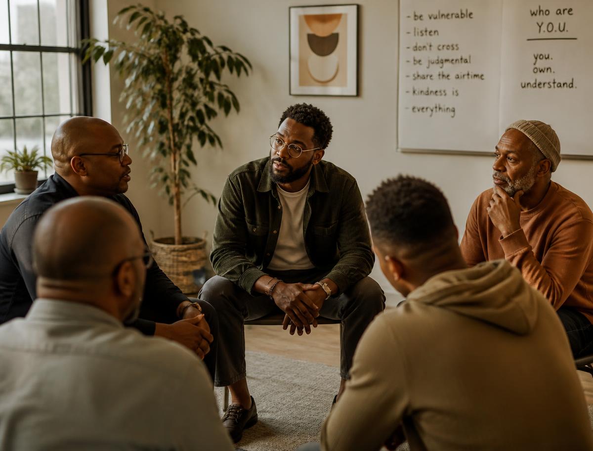 Men in open, honest conversation during a men's group therapy session