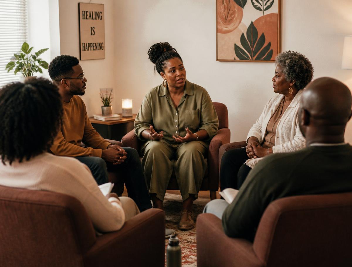 Adults seated in a circle during a supportive recovery group session