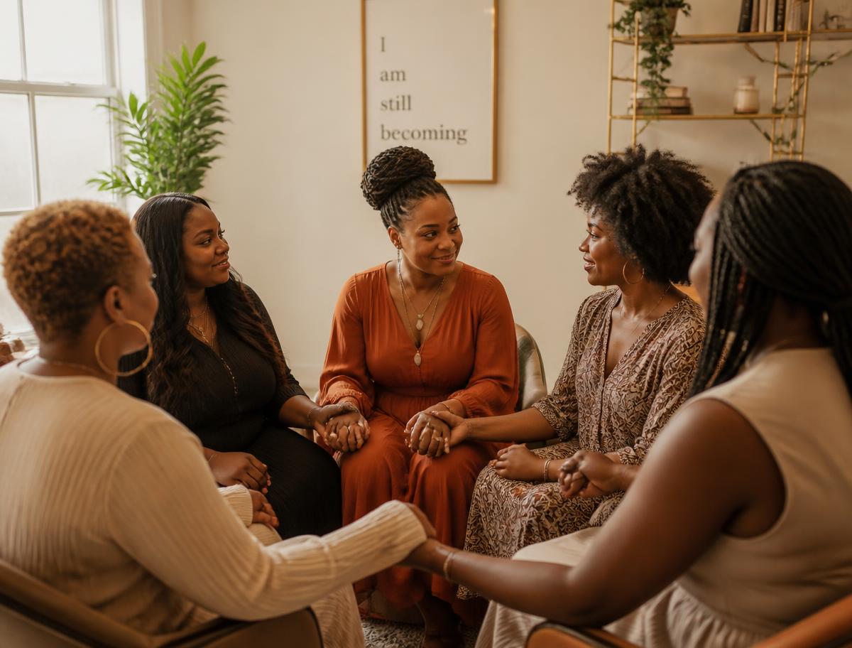 Women holding hands and supporting one another in a group therapy session